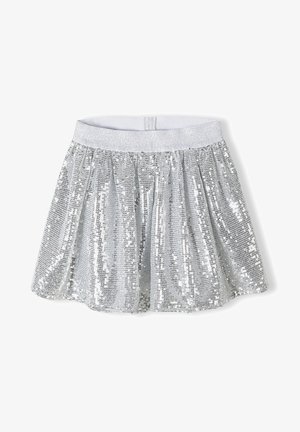 Mini-jupe en sequins argentés avec une large ceinture élastique pailletée, évasée et texturée pour un look scintillant et festif.