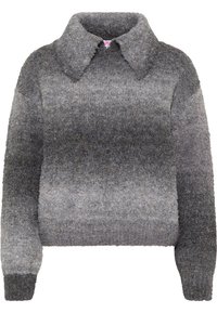 Grijze trui met textuur en een subtiel ombré ontwerp. Beschikt over een kraag en lange mouwen. Materiaal lijkt zacht en cozy.