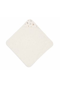 Couverture en coton pour bébé en forme de diamant avec une couleur de base crème. Le bord supérieur présente un motif floral dans des tons terreux doux.