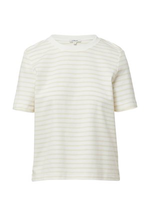 Top a maniche corte color crema con strisce orizzontali beige chiare. Realizzato in un tessuto morbido, presenta un collo rotondo e una vestibilità comoda.