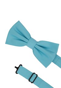 Himmelblaues Fliegenband aus glattem Stoff, mit einer breiten, strukturierten Schleife und einem passenden verstellbaren Riemen mit schwarzem Metallverschluss.