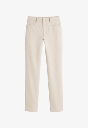 Beige slim-fit broek met voor- en achterzakken, riemlussen en een knoopsluiting in de taille.