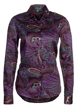 Langærmet skjorte med knapper med livligt lilla, grønt og blåt paisley mønster og spidser krave.