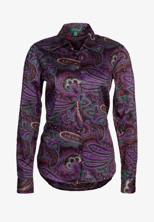 Chemise boutonnée à manches longues avec un motif cachemire violet, vert et bleu éclatant et un col pointu.