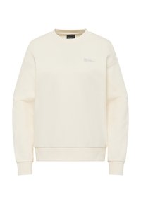 Felpa color crema realizzata in materiale morbido, con collo rotondo e vestibilità rilassata. Dettaglio del logo in modo sottile sul petto e polsini a costine.