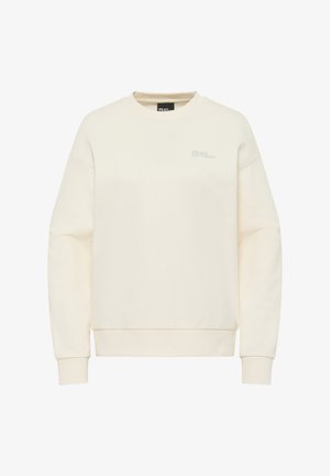 Cremefarbener Sweatshirt aus weichem Material, mit Rundhalsausschnitt und lockerer Passform. Dezente Logo-Details auf der Brust und gerippte Bündchen.