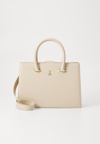 Beige leather handbag with structured rectangular shape, dual handles, detachable strap, and small gold bee emblem on the front.