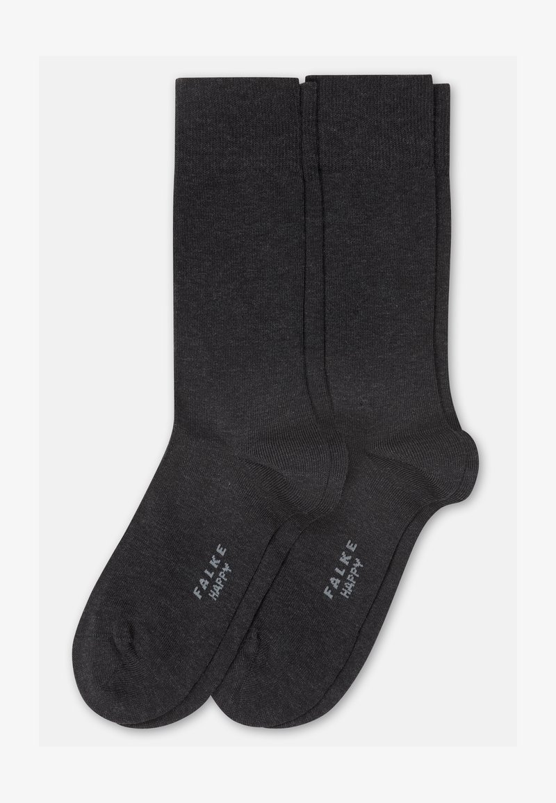 Kaks paari tumedat halli meessokki, millel on talla piirkonnas kiri "Falke Happy", asetatud lamedalt helele taustale.