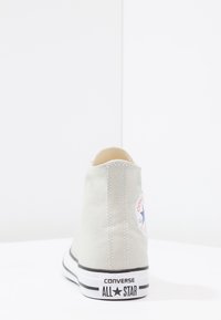 Baskets montantes en toile gris clair avec semelle en caoutchouc noire, accents à rayures blanches et un patch logo rond avec une étoile sur le côté extérieur.