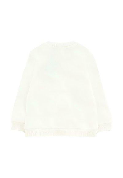 Felpa bianca con collo rotondo, polsini e orlo a coste. Tessuto morbido; design semplice senza motivi o accenti visibili.