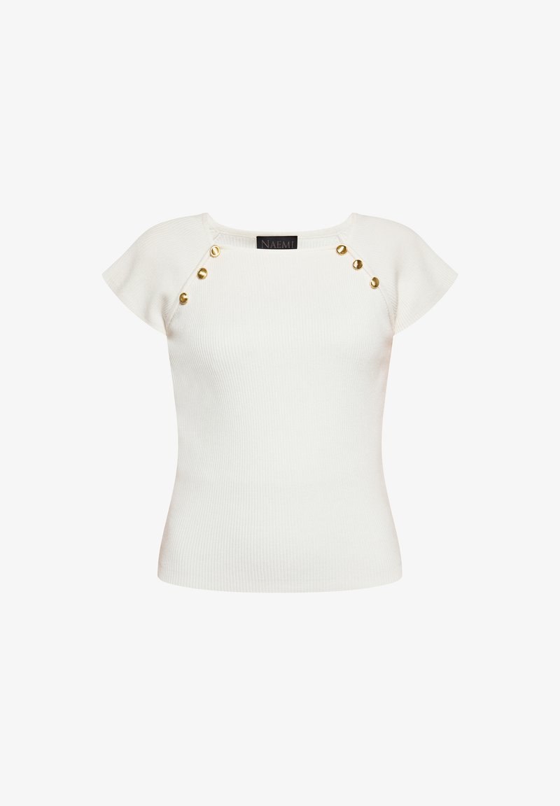 Valkoinen ribbipaita, jossa on lyhyet hihansuut, ja kullanvärisiä nappit yksityiskohtia olkapäillä. Valmistettu tekstuurista neulekangasta.