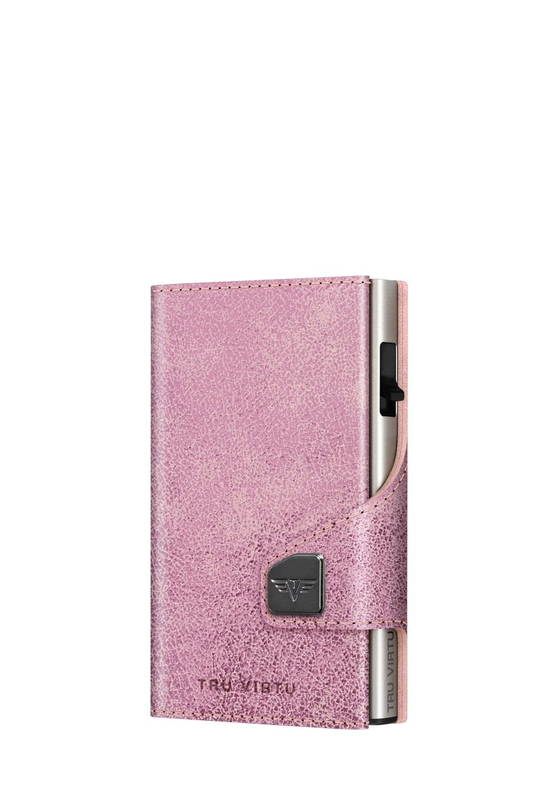 Pink textured leather wallet with silver hardware, featuring a snap closure and embossed logo. Compact and rectangular design.