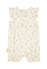 Blumiger Jumpsuit aus cremefarbenem Stoff mit kleinen, bunten Blumenmustern. Verfügt über schwingende Ärmel und elastische Beinöffnungen. Rückenverschluss mit Knopf.