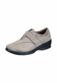 Beige suede shoe with mesh panels, hook-and-loop strap, rounded toe, and black rubber sole. Features small decorative accents.