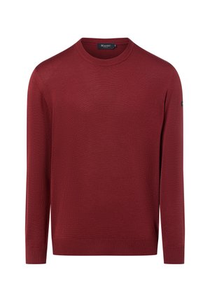 Herren-Pullover mit Rundhalsausschnitt und langen Ärmeln aus einfarbigem, burgunderrotem Strickstoff, mit gerippten Bündchen an Ärmeln und Saum, versehen mit einem kleinen Markenlabel am Ärmel.