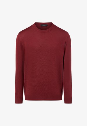 Herren-Pullover mit Rundhalsausschnitt und langen Ärmeln aus einfarbigem, burgunderrotem Strickstoff, mit gerippten Bündchen an Ärmeln und Saum, versehen mit einem kleinen Markenlabel am Ärmel.