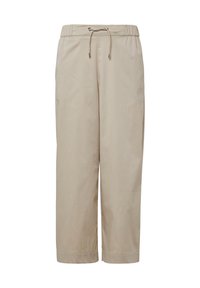 Pantalons cropped beiges, légers, avec une taille à cordon. Comprend des poches latérales et une texture tissée douce.