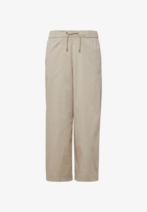 Pantalons cropped beiges, légers, avec une taille à cordon. Comprend des poches latérales et une texture tissée douce.