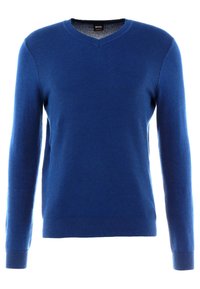 Modrý svetr s výstřihem do V, dlouhými rukávy, texturovaným pleteným vzorem a žebrovanými manžetami a spodním lemem. Vyrobeno z měkkého materiálu pro pohodlí.