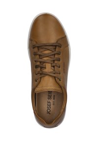 Brown leather sneaker with a rounded toe and white sole. Features lace-up front, textured upper, and stamped brand logo inside.