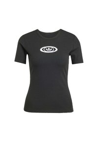 Czarny prążkowany t-shirt z krótkimi rękawami, okrągłym dekoltem i białym logo w owalnym wzorze na środku przodu.