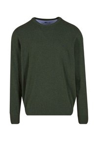 Zielony sweter wykonany z dzianiny, z okrągłym dekoltem, długimi rękawami, prążkowanymi mankietami i małym niebieskim logo na piersi.