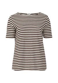 Gestreiftes T-Shirt in Braun und Weiß mit kurzen Ärmeln, aus weichem Stoff, mit einem Bootsausschnitt und einem lässigen Schnitt. Keine sichtbaren Verschlüsse.