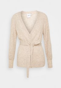 Beige omslagströja i ribbad stickad kvalitet med djup V-ringning och långa ärmar, med ett knytbälte i midjan.