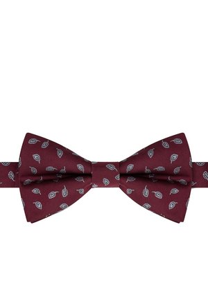 Burgundowy muszka w klasycznym kształcie, zdobiona delikatnym wzorem liści w kolorze szarym. Satynowa tekstura z regulowanym paskiem dla komfortu.