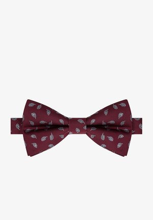 Burgundowy muszka w klasycznym kształcie, zdobiona delikatnym wzorem liści w kolorze szarym. Satynowa tekstura z regulowanym paskiem dla komfortu.