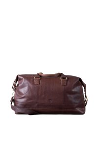 Brown leather duffel bag with two top handles, adjustable shoulder strap, and metallic hardware accents. Smooth texture and stitch detailing.
