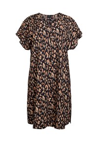 Robe noire à manches courtes avec un imprimé léopard dans des nuances de tan et de marron. Tissu léger, coupe décontractée et col rond.