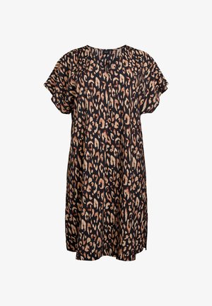 Čierne šaty s krátkymi rukávmi, ktoré majú leopardí vzor v odtieňoch béžovej a hnedej. Ľahký materiál, voľný strih a okrúhly výstrih.