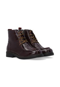 Bordeauxfarbene Leder-Ankle Boots mit gelben Schnürsenkeln, runder Zehenpartie und gesteppten Akzenten, ausgestattet mit einem seitlichen Reißverschluss und einem niedrigen, gestapelten Absatz.