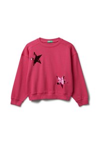 Felpa rosa a collo rotondo con maniche lunghe, caratterizzata da due grandi toppe di paillettes a forma di stella lucente sul davanti.