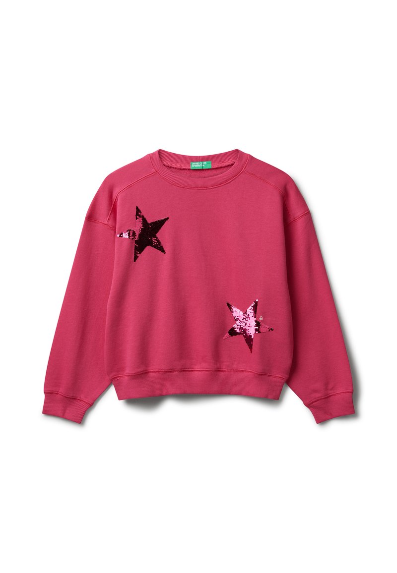 Felpa rosa a collo rotondo con maniche lunghe, caratterizzata da due grandi toppe di paillettes a forma di stella lucente sul davanti.