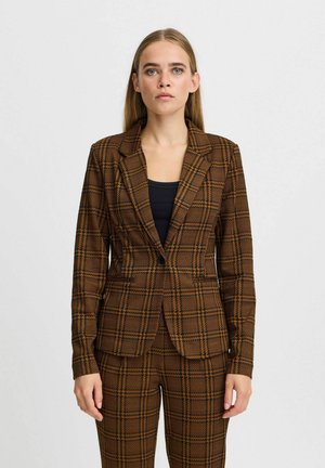 Brown checkered blazer with a fitted design, notched lapels, single-button closure, and long sleeves, paired with matching checkered trousers.