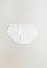 Sous-vêtements hipster blancs pour femmes avec bordure en dentelle et un petit motif de montgolfière centré sur la ceinture avant.