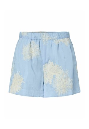 Lyseblå shorts med hvid blomsterbroderi, elastisk talje og plisserede detaljer foran.
