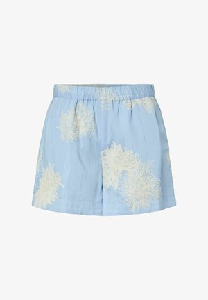 Pantaloncini azzurri chiari con ricamo floreale bianco, vita elastica e dettagli plissettati davanti.