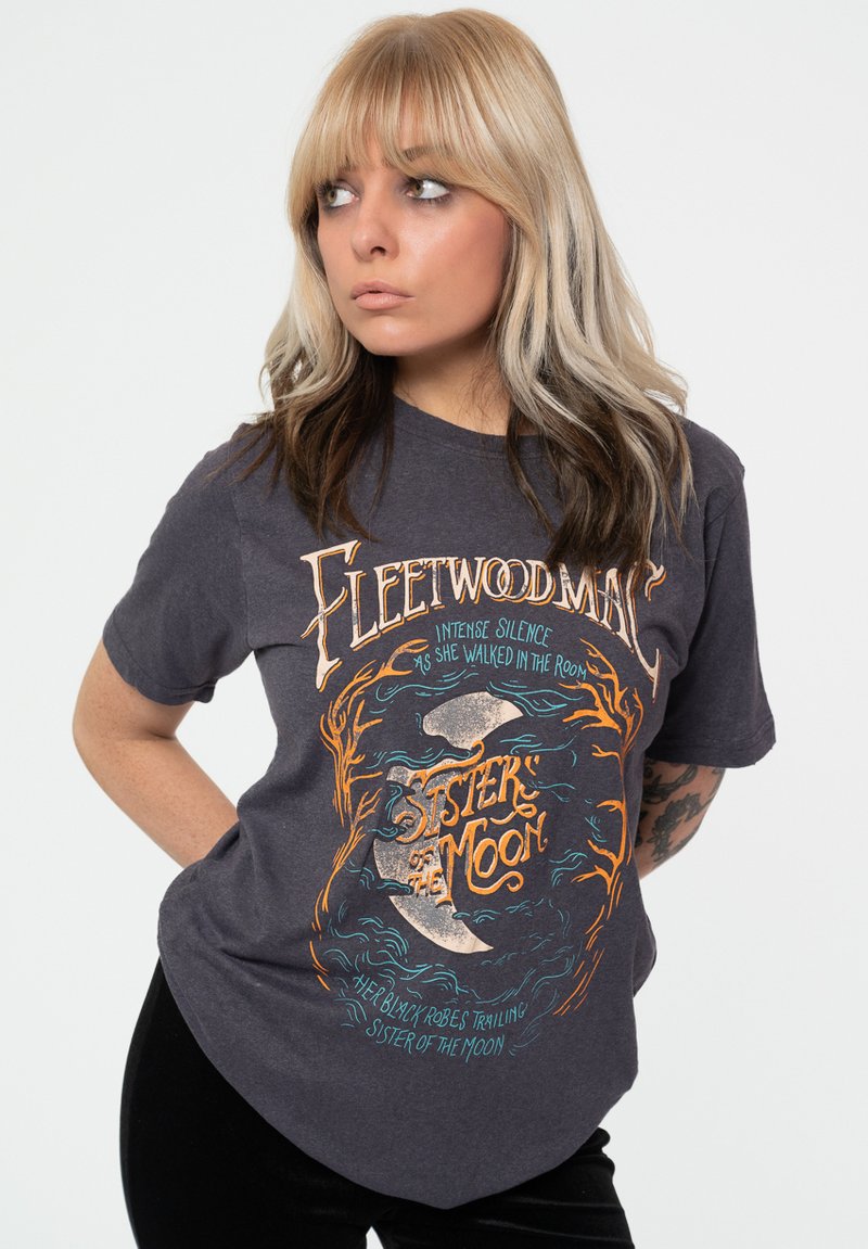 Dark gray cotton t-shirt featuring a colorful graphic design with text and a moon motif, short sleeves, and a relaxed fit.