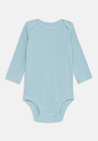 Lyseblå langermet bodysuit laget av myk bomull. Har rund hals og trykknapplukking nederst. Glatt tekstur, uten mønstre.