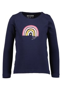 T-shirt à manches longues bleu marine en coton, présentant un graphisme multicolore en arc-en-ciel avec une touche de paillettes et un texte en dessous.