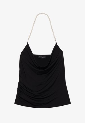 Black draped tank top with a cowl neckline and textured fabric. Features pearl chain straps and a logo tag inside.