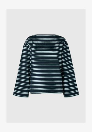 Haut à manches longues rayé marine avec des rayures horizontales bleu clair, col rond et coupe décontractée ; fabriqué en tissu doux et extensible.