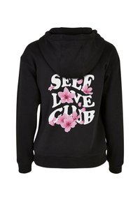 Felpa nera con cappuccio, dotata di una grafica retro che presenta il testo "SELF LOVE CLUB" in bianco con accenti floreali rosa. Tessuto morbido.