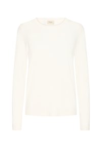 Haut blanc à manches longues en tissu léger, avec un col rond et des poignets côtelés, présentant une texture lisse et un design minimaliste.