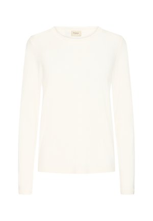 Valge pika varrukaga pluus, mis on valmistatud kergest kangast, ümarate kaeluste ja soonikäppide ning sujuva tekstuuri ja minimalistikku disainiga.