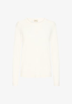 Valge pika varrukaga pluus, mis on valmistatud kergest kangast, ümarate kaeluste ja soonikäppide ning sujuva tekstuuri ja minimalistikku disainiga.