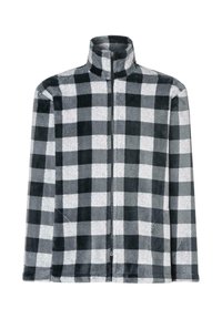 Chaqueta de forro polar a cuadros en negro y gris con cuello alto y cremallera frontal completa. Textura suave, mangas largas y patrón de cuadros en contraste.